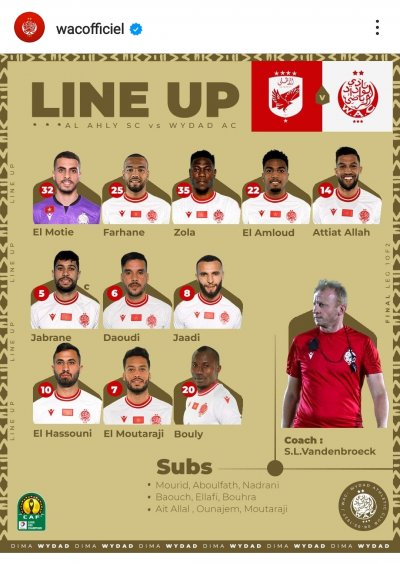 تشكيلة الوداد لمواجهة الأهلي المصري